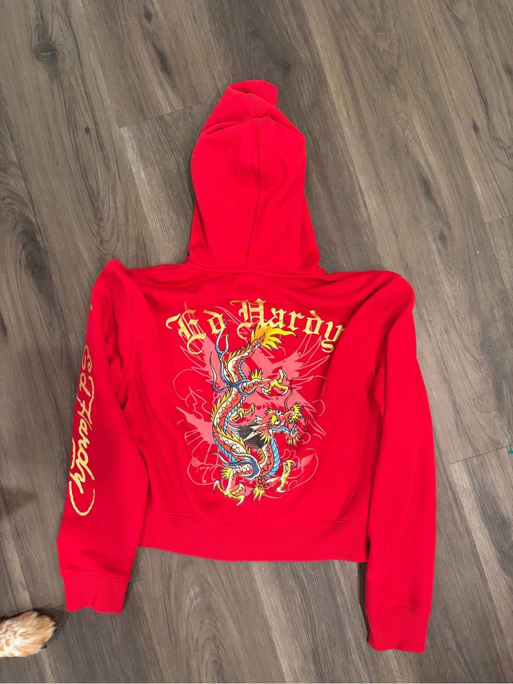 Red zip-up hoodie with drawstrings